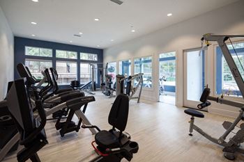 A gym with cardio equipment and windows in a building